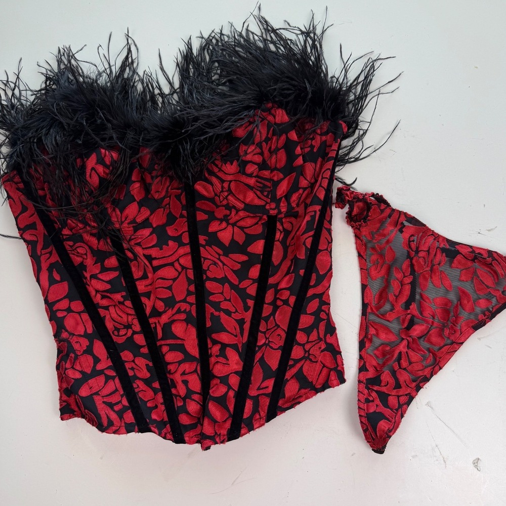 Fredericks of Hollywood Red Black Floral Feather Corset Lingerie Set Large